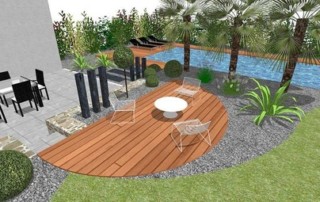Maquette en 3D d'un aménagement de terrasse et pourtour de piscine