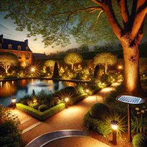 Jardin illuminé en Seine-et-Marne avec des lampes solaires, un éclairage d’ambiance autour d’un bassin et des spots LED pour sublimer les plantes.