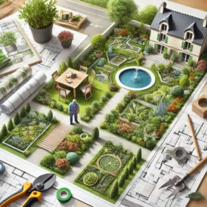 Plan d’aménagement de jardin en Seine-et-Marne avec des croquis détaillés, des allées paysagées et un bassin décoratif.