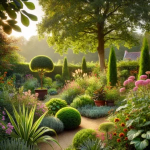 Jardin en Seine-et-Marne avec des chênes, charmes et plantes vivaces adaptées au climat tempéré de la région.