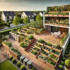 Jardin optimisé en Seine-et-Marne avec des solutions d’aménagement intelligentes comme un jardin vertical, des bancs avec rangement et des niveaux surélevés.