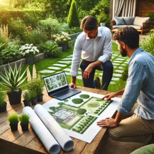 Un propriétaire discutant avec un paysagiste en Seine-et-Marne, examinant des plans de jardin et des échantillons de plantes.