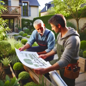 Paysagiste professionnel en Seine-et-Marne taillant une haie dans un jardin bien entretenu, avec outils spécialisés.