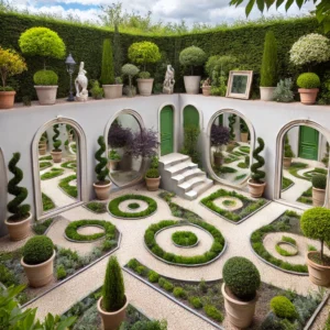 Petit jardin en Seine-et-Marne utilisant des miroirs et des couleurs claires pour créer une illusion d’optique et agrandir visuellement l’espace.