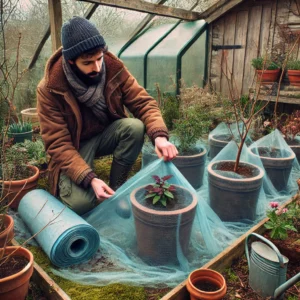 Jardinier en Seine-et-Marne enveloppant les plantes avec un voile d’hivernage et ajoutant du paillis pour prévenir le gel.