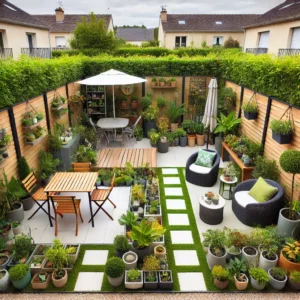 Jardin bien organisé en Seine-et-Marne avec mobilier pliant, plantes en pots et végétaux grimpants pour maximiser l’espace.