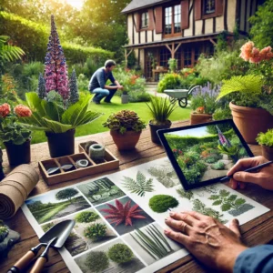 Personne planifiant l’aménagement de son jardin en Seine-et-Marne avec des croquis, catalogues de plantes et tablette numérique.