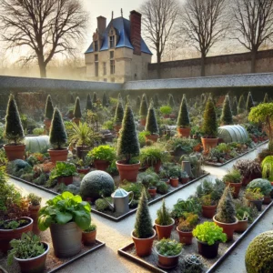 Jardin d’hiver bien entretenu en Seine-et-Marne, avec plantes en pots, arbustes persistants et protections hivernales efficaces.