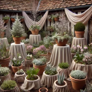 Plantes en pot et fleurs délicates couvertes de voiles d’hivernage et de paillis en Seine-et-Marne pour les protéger du froid.