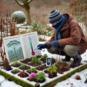 Jardinier en Seine-et-Marne évaluant la rusticité des plantes avec un thermomètre de sol et un guide des zones de résistance au froid.