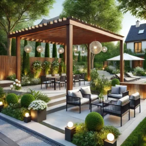 Terrasse paysagée en Seine-et-Marne avec mobilier d’extérieur, pergola et éclairage décoratif, entourée de verdure.