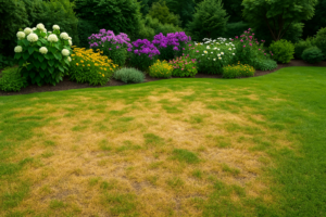 Gazon jauni dans un jardin fleuri malgré un arrosage régulier, illustrant des causes comme le sol compacté ou le manque de nutriments.