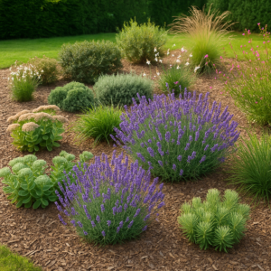 Jardin avec lavande, sedum et gaura, idéal pour un extérieur sans entretien, résistant à la sécheresse et facile à vivre.