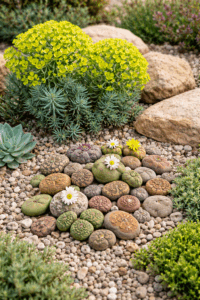 Euphorbe en fleur et lithops dans un jardin minéral avec graviers et plantes grasses résistantes à la sécheresse