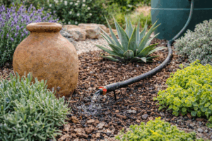 Arrosage goutte-à-goutte dans un jardin sec avec oyas et plantes résistantes à la sécheresse pour économiser l’eau
