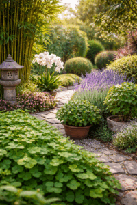 Jardin chanceux et luxuriant sous soleil doux