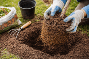 Préparation des racines d’un jeune arbre avant plantation avec un jardinier démêlant la motte au-dessus d’un trou