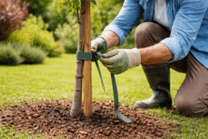 Tuteurage d’un jeune arbre avec un tuteur en bois et un lien souple pour maintenir le tronc droit après plantation